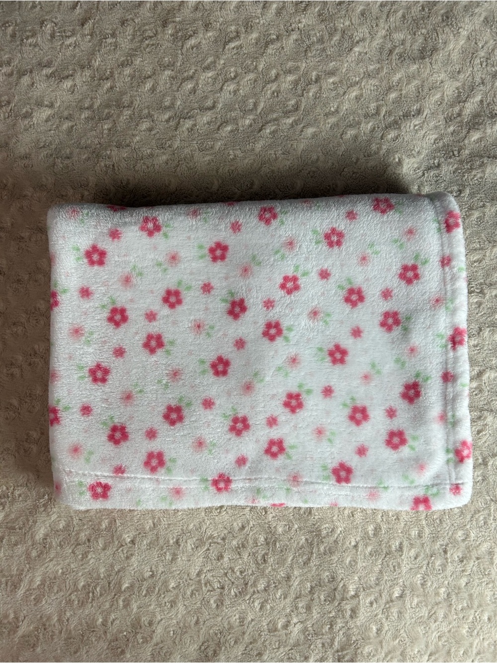 RN 150856 Pink Floral Baby Blanket Flowers White Green Leaves Plush Soft Lovey